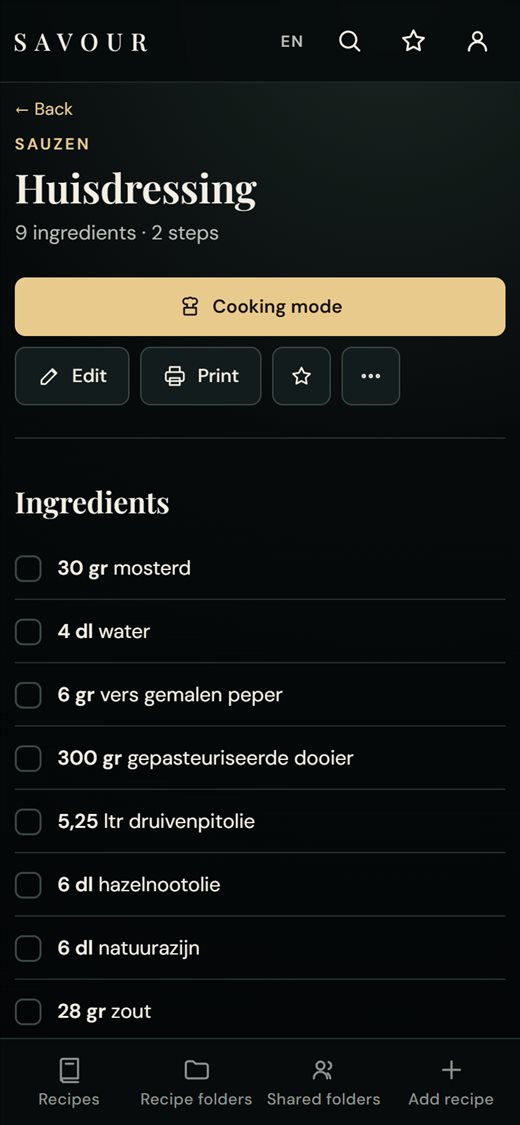 Recipe screen in Savour on a phone