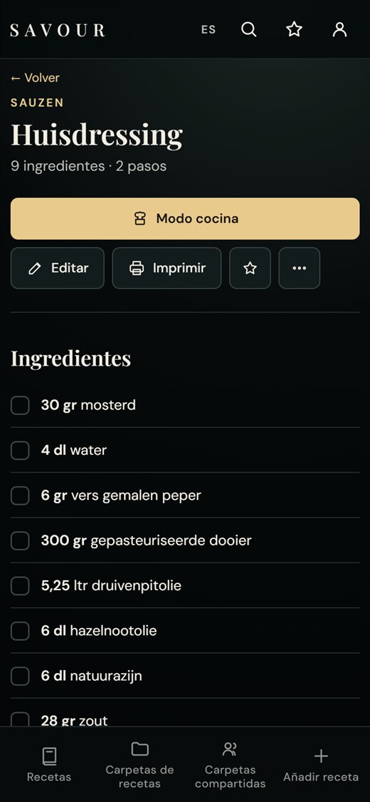 Pantalla de receta en Savour en un móvil