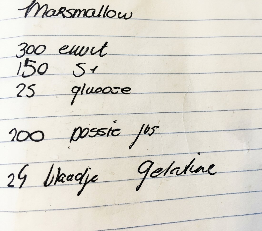 Handwritten marshmallow recipe on lined paper, with stains